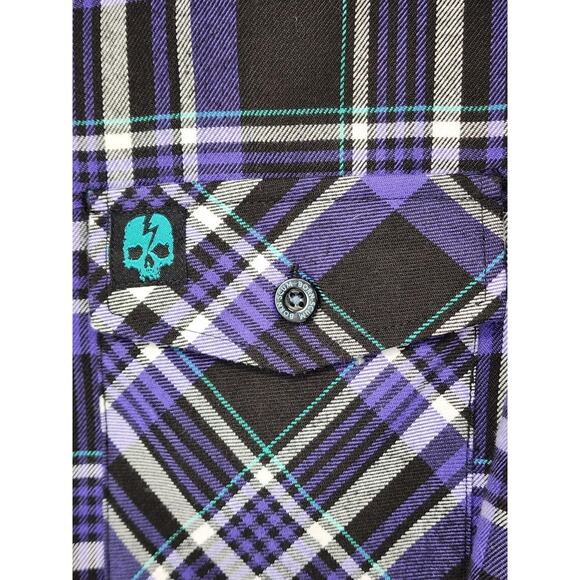 Born Scum Bottom Feeder Shirt Mens Medium Purple Black Plaid Flannel Button Down - Picture 7 of 16
